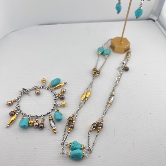 Vintage Signed Brighton Persiana Turquoise Crystal Gray Pearl Long Necklace set. - Picture 5 of 11